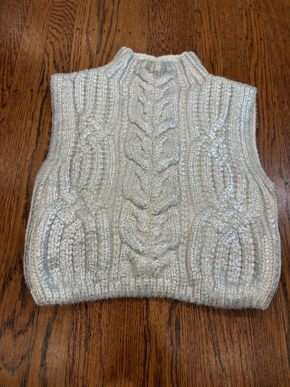 Zara Metallic Cable Knit Vest White Silver Women's Medium Cropped Sleeveless Y2K